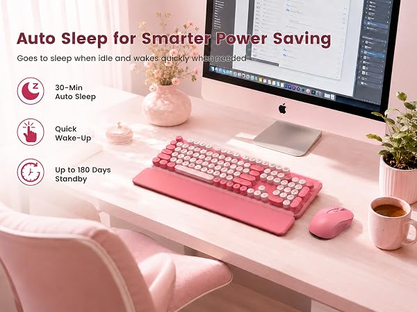 Pink round-key keyboard and matching mouse with wrist rest shown for auto sleep power saving.