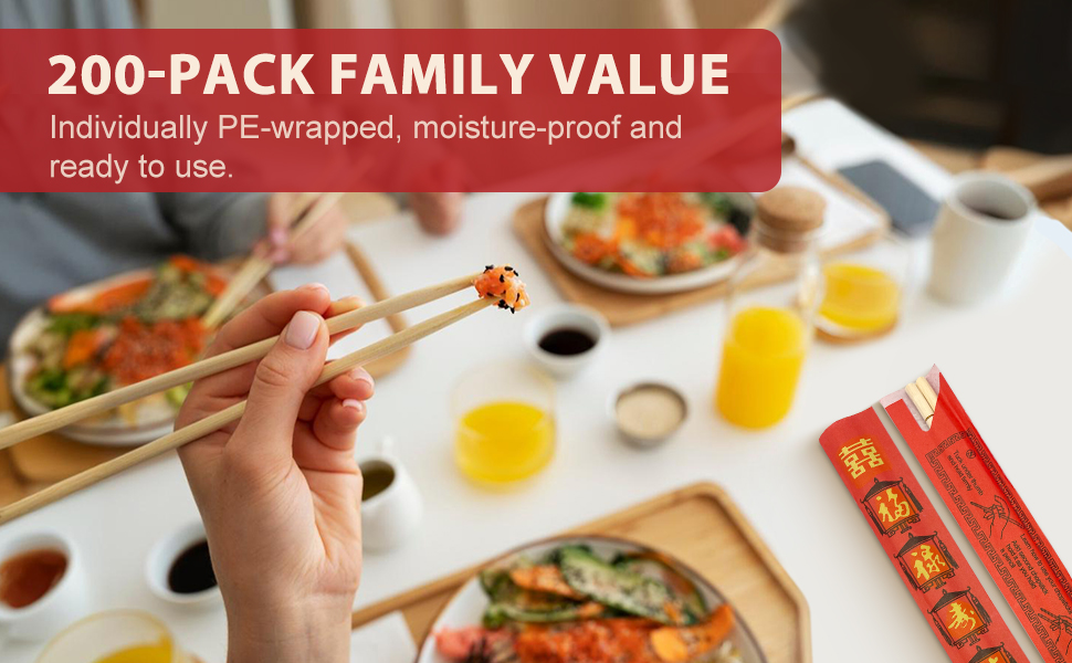 Soeos Disposable Bamboo Chopsticks, 200 Sets