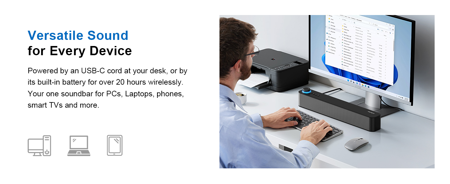 Text reads 'Versatile Sound'. Desktop setup showing computer monitor with audio-related interface or software displayed.