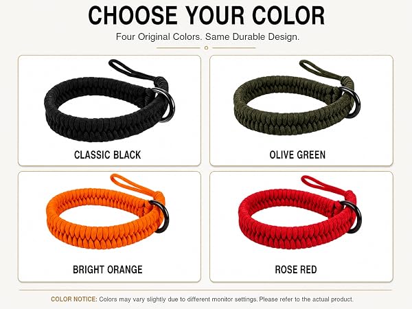Braided camera wrist straps in classic black, olive green, bright orange and rose red colors