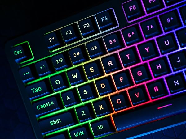 A close of up the left side of the keyboard showing the multi colored RGB lighting