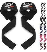 Black weightlifting straps with bull logo. Padded wrist support and long fabric strips. Various color options shown including red, blue, and pink.