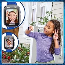 Kid takes a fun selfie. Close ups of DX4 screen show effects kids can apply to their photos.