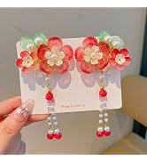 2Pcs Vintage Chinese Hanfu Red Flower Hair Clips,Decorative Hair-Clips Tassel Pearl Barrettes Han...