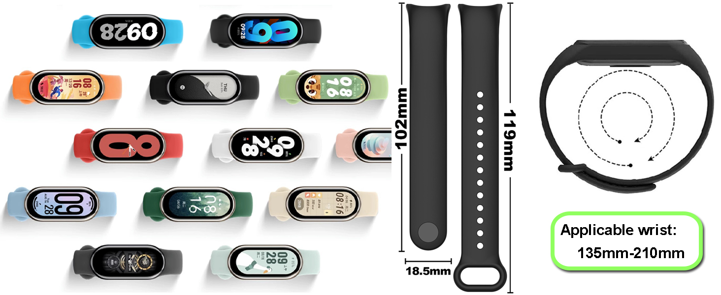 Assortment of colorful smartwatch bands and a watch face. Black replacement strap shown separately with measurement details. Circular diagram indicating compatible wrist sizes.