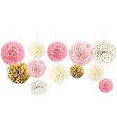AOBKIAT Birthday Decorations for Girls Women,12PCS Pink Gold Tissue Paper Pom Poms,for Party,Wedd...