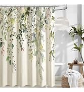 De-Mediocre Linen Sage Green Eucalyptus Shower Curtain, Watercolor Plant Leaves with Floral Bathr...
