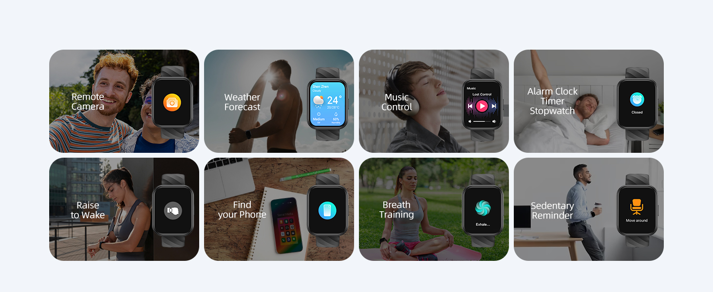 Grid of smartphone screens showing various app interfaces, including video call, music player, and fitness tracking applications.