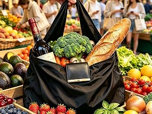 Hand holding black foldable reusable tote bag filled with vegetables