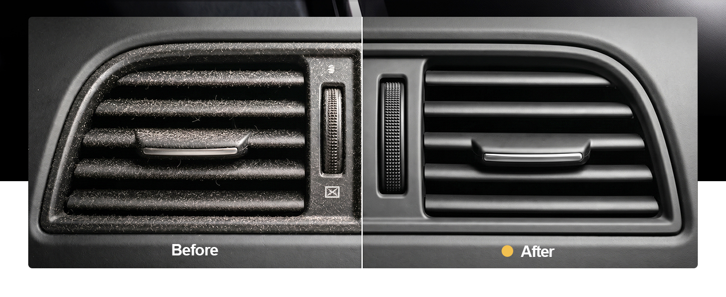 Dust-clogged air vent transformed to factory-new after one pass with car cleaning gel