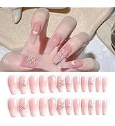 24Pcs Pearl Jelly Fake Nails, Cute 3D Aurora Crystal Bear Heart Press on Nails Bling Glossy Gradi...