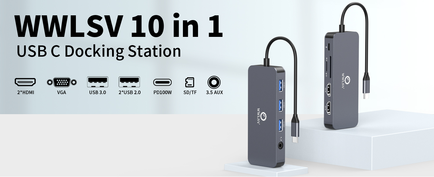 WWLSV 10-in-1 USB-C docking station, all-in-one with dual HDMI, VGA, 100W PD & data ports.