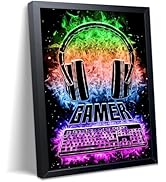 Neon Gamer Wall Art Framed Canvas Print, Colorful Headphones and Keyboard Gaming Poster, Cool Vid...