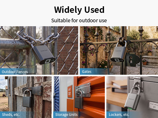 Smart fingerprint padlock multi-scene application for outdoor fences, gates, sheds