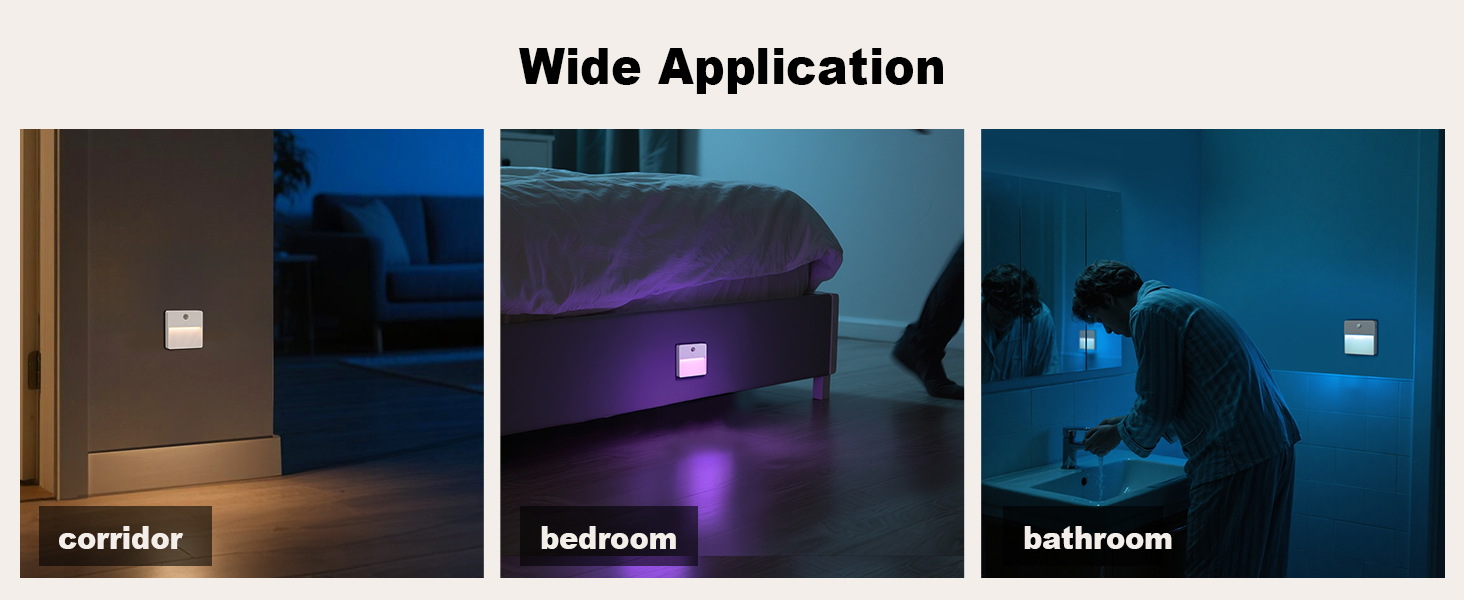 Text reads 'Wide Application'. Infographic showing multiple room applications for the humidifier device, with bathroom and bedroom icons.