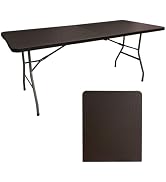 Portable Folding Table, Indoor Outdoor Rectangular, HDPE Rattan Pattern Tabletop, Brown (6FT Fold...