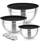 TeamFar Mixing Bowls, Stainless Steel Nesting Salad Bowls with Lids Set of 3 & 3 Grater Attachmen...