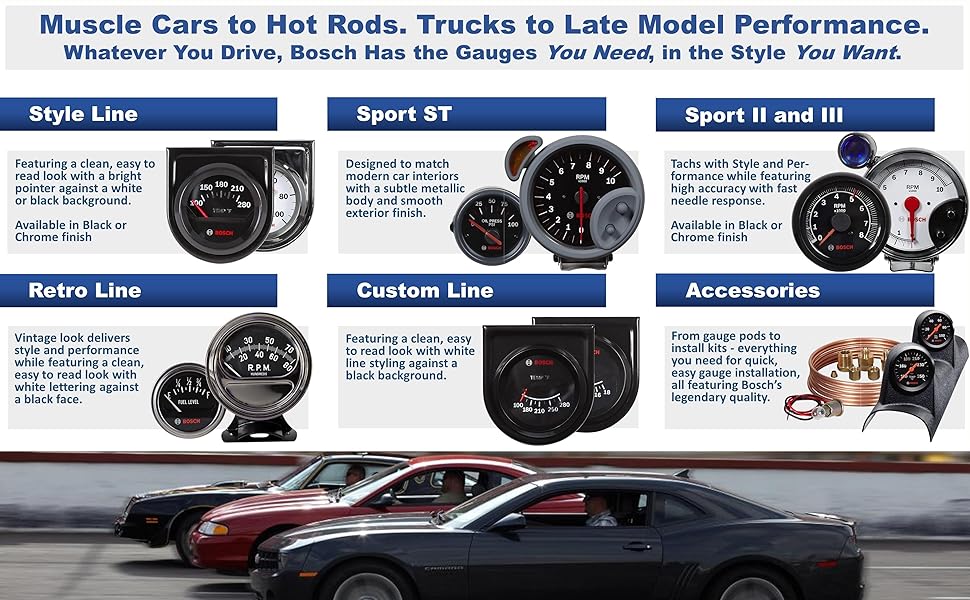 Bosch Gauges Muscle Car Hot Rod Truck Late Model Style Line Sport ST Sport II III Retro Custom
