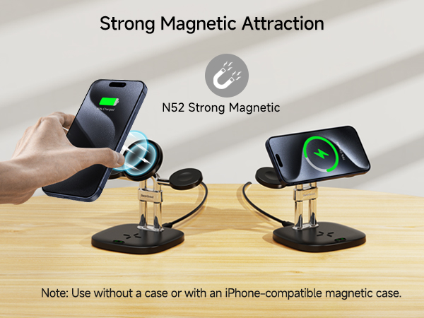 Magnetic phone holders demonstrating strong attraction. Two smartphones shown levitating above circular bases. Text mentions 'N52 Strong Magnetic'.