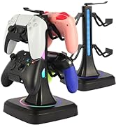 Qpfctwil Controller Stand with RGB Multi-Color Light Modes - Headset Holder for PS5, Xbox, Switch...