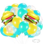 62pcs Cartoon Sponge Balloons 12 inch Yellow Blue Clear Flower Balloon Burger Balloon For Kids Sp...