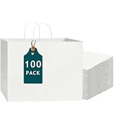 Bakepacker 100-Pack Wide Large Size Paper Bags With Handles Bulk 12.6"x4.3"x10" White Party Shopp...