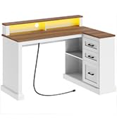YATINEY Farmhouse Executive Desk, L Shaped Computer Desk with Power Outlets and LED Lights, Home ...