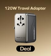 Text reads '120W Travel Adapter', '20W LED Flood Light'. Multiple exterior night shots showing LED security flood lights illuminating house exterior, patio, and garden areas.