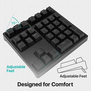 Text reads 'Adjustable Feet'. Close-up shots of the keypad's adjustable feet mechanism, showing how they can be positioned at different angles.