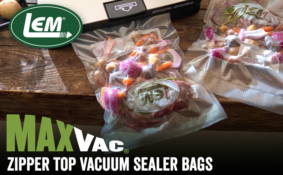 LEM MaxVac vacuum sealer and zipper top resealable bags with food inside