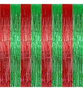 2 Pack 3.2ft x 9.8ft Christmas Metallic Foil Fringe Curtain, Red Green Tinsel Curtains Streamer L...