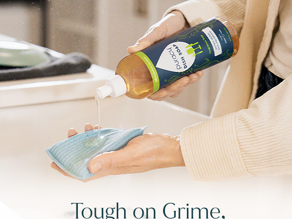 Puracy liquid dish soap. Tough on grime but gentle on everyday dishes and glassware.