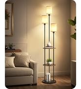 GOEBLESON Floor Lamp with Shelves, Modern Floor Lamp with 3 Linen Shades and Foot Switch, 3-Light...