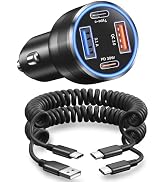 65W USB C Car Charger with Retractable Coiled USB C Cords, OKRAY 4-Port Car Charger PD30W&QC3.0 F...