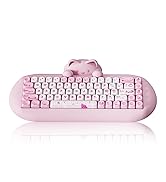 Pink mechanical keyboard with white keycaps in a cat-inspired design. Features curved ergonomic shape with raised ends resembling cat ears, and includes a white backlit display.