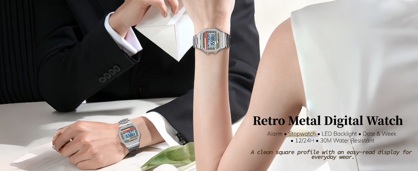 Retro square digital watch gift idea for men and women, easy-to-read display for everyday wear