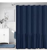 BTTN Blue Farmhouse Shower Curtain - Rustic Heavy Duty Fabric Linen Shower Curtain Set with Ruffl...
