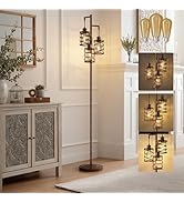 BOBOMOMO 70" Farmhouse Dimmable Floor Lamp, Walnut Brown Industrial Metal Cage Standing Lamp with...