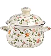 Jucoan 2.8 Quart Vintage Enamel Cooking Pot with Lid, Green Floral Enamelware Simmer Pot Saucepan...