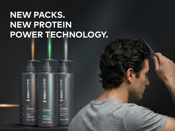 Dove Men Care: A man with dark hair styles, Text reads: "NEW PACKS. NEW PROTEIN POWER TECHNOLOGY."