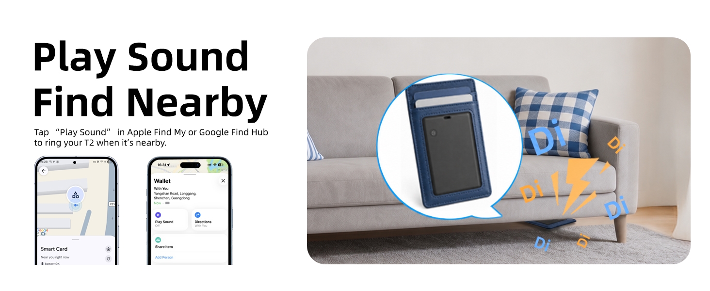 T2 wallet tracker plays a sound in Apple Find My or Google Find Hub when nearby