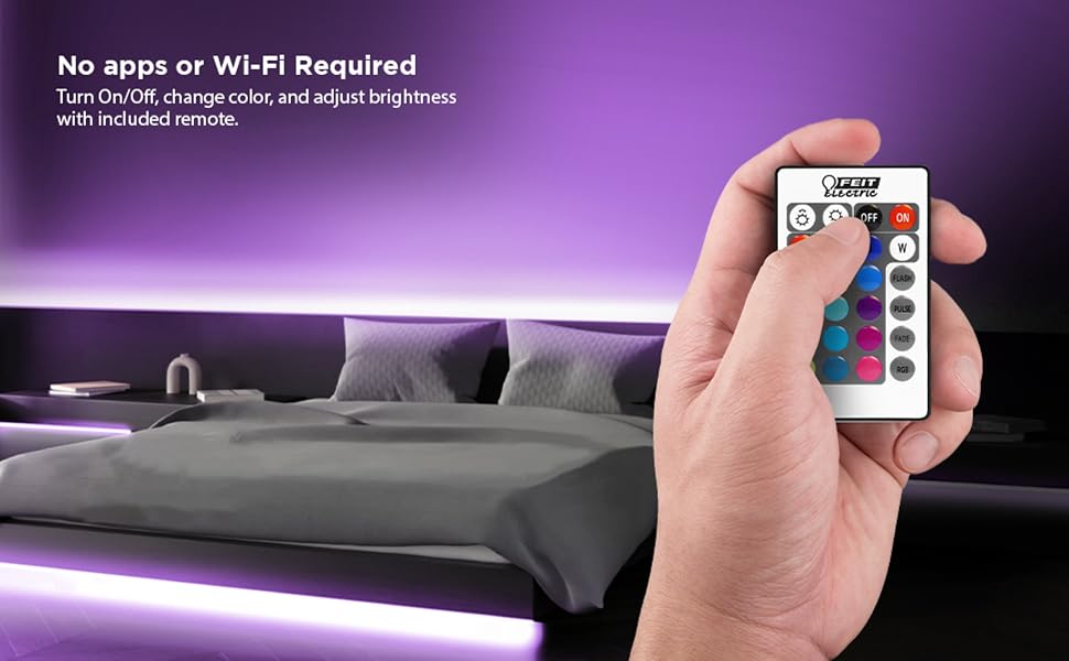 Bedroom with strip lights along the walls glowing vibrant purple light.