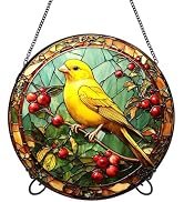 Suncatcher Stained Glass Window Hanging - Yellow Bird Canary Colored Glass Panel Round Sun Catche...