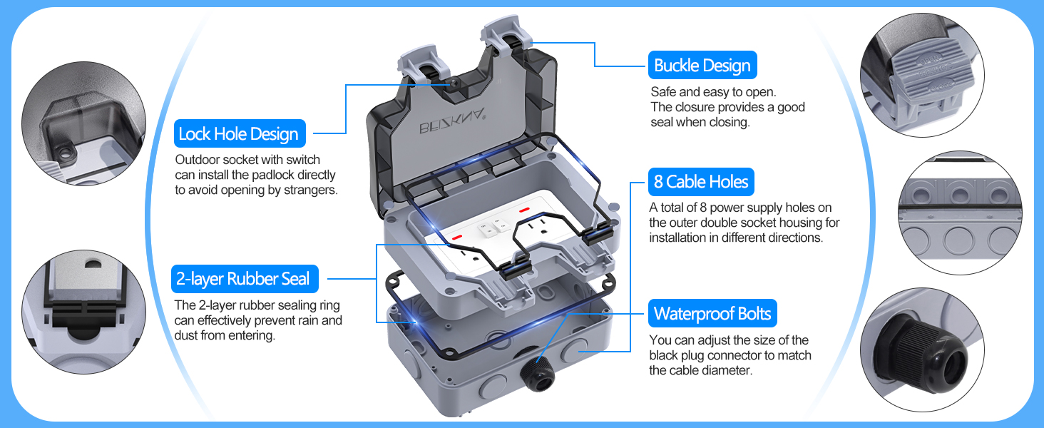 Waterproof Outdoor Outlet with Cover Weatherproof Double Socket Box for Home Improvement