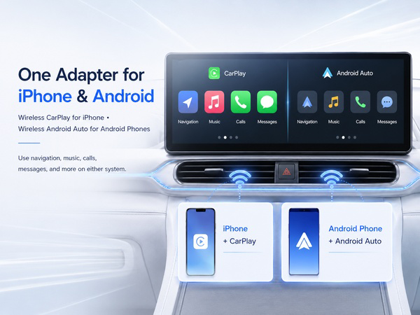 Adapter supports both wireless CarPlay for iPhone and Android Auto for Android phones.