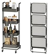 DTK 4 Tier Metal Foldable Utility Rolling Storage Cart, Handle and Locking Wheels, 3 Small Basket...