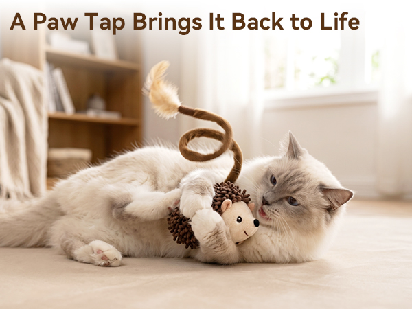 Text reads 'A Paw Tap Brings It Back to Life.' Cat playing with interactive brown paw-tap toy on white surface, demonstrating product activation through pet interaction.