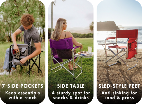 folding beach chair with anti-sinking feet and pockets for phone snacks and drinks on sand