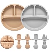 Eascrozn Silicone Baby Feeding Set, 2 Pack Divided Baby Plates with Suction, 2 Pack Spoons and Fo...