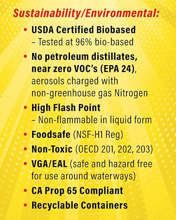 USDA Certified Biobased, No petroleum distillates, high flash point, foodsafe, non-toxic, VGA/EAL